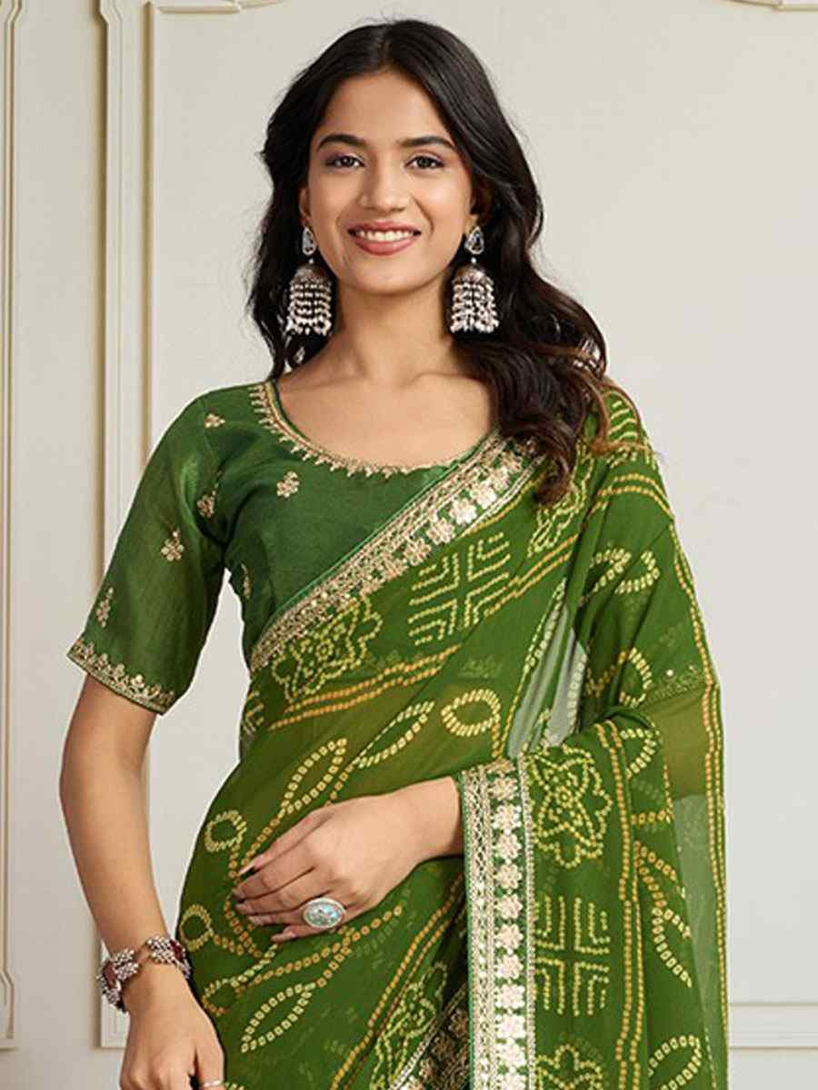 Mahendi Georgette Bhandej Print with Embroidery Party Bridal Reception Festival Wedding Fancy Heavy Border Saree