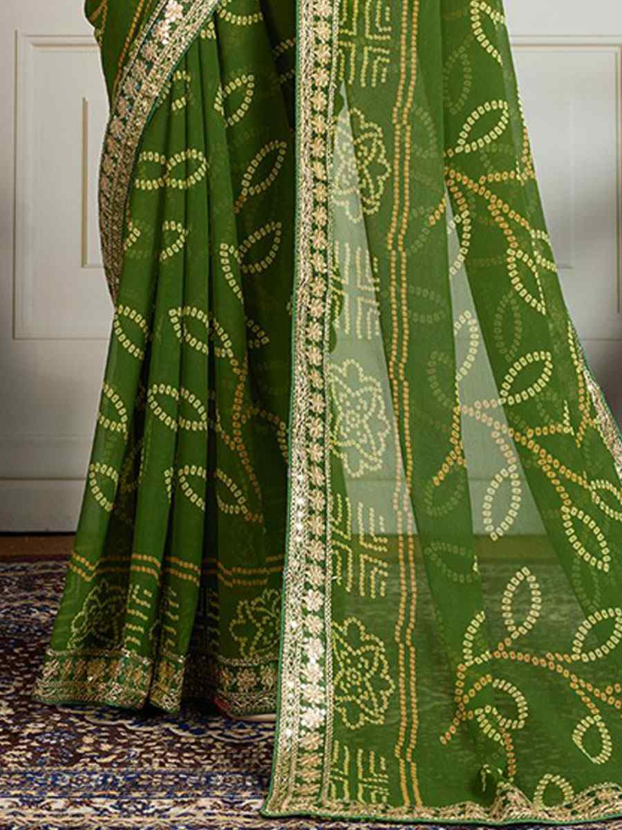 Mahendi Georgette Bhandej Print with Embroidery Party Bridal Reception Festival Wedding Fancy Heavy Border Saree