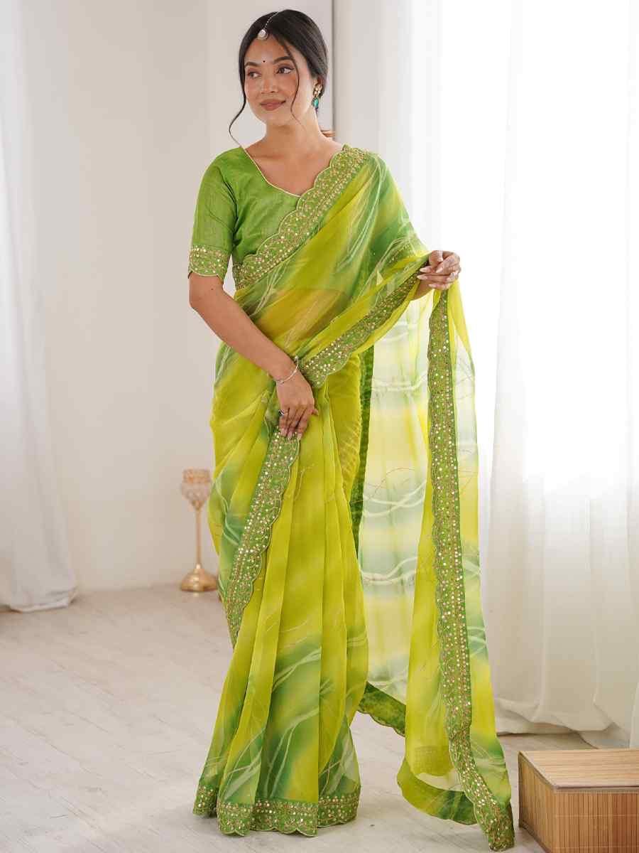 Mahendi Georgette Chiffon Printed Sequins Embroidery Reception Festival Wedding Party Fancy Heavy Border Sarees