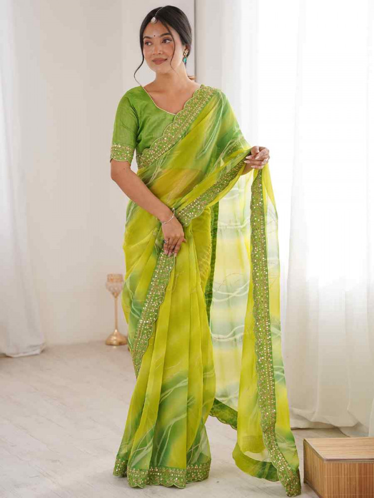 Image of Mahendi Georgette Chiffon Printed Sequins Embroidery Reception Festival Wedding Party Fancy Heavy Border Sarees