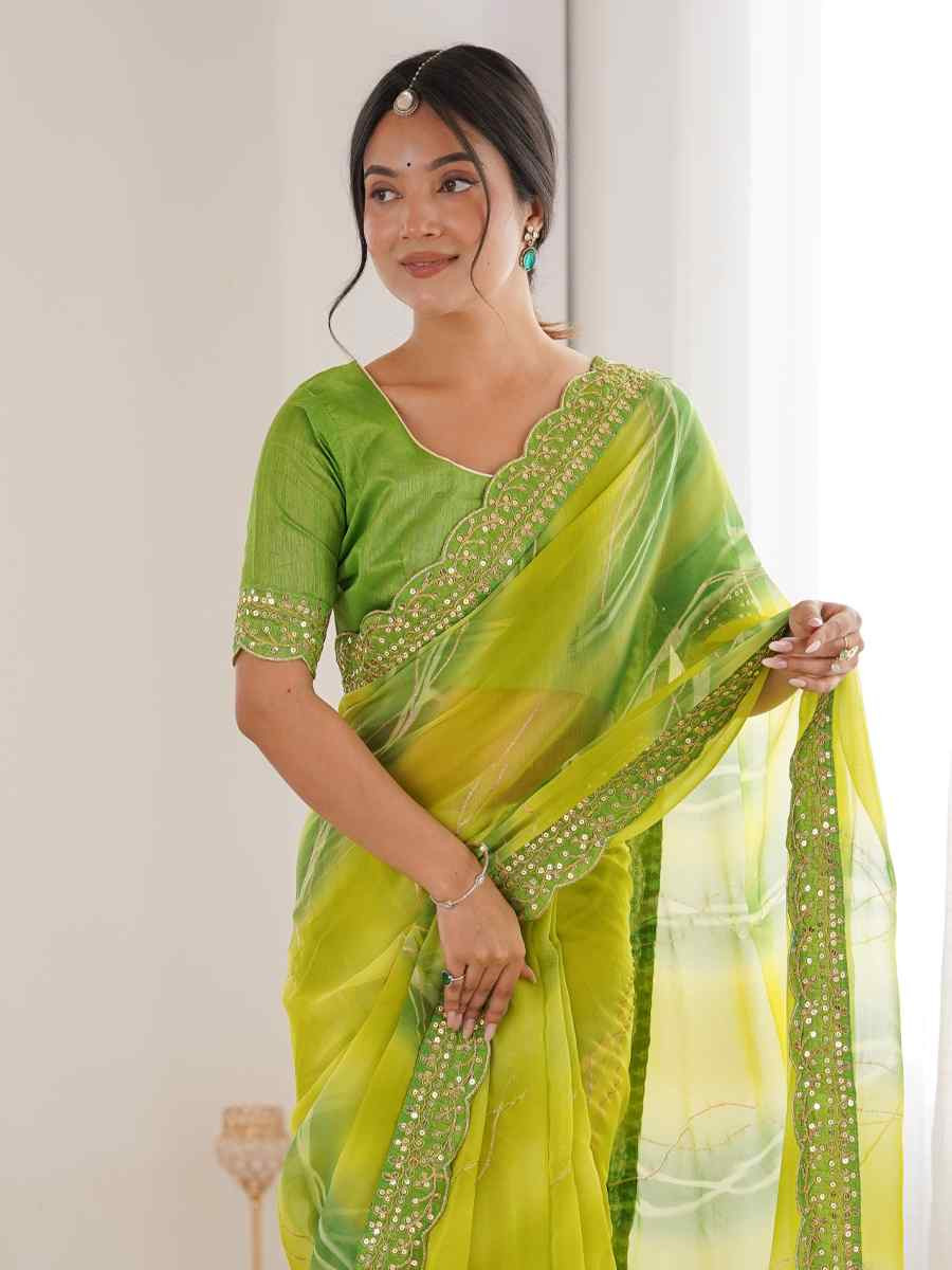 Mahendi Georgette Chiffon Printed Sequins Embroidery Reception Festival Wedding Party Fancy Heavy Border Sarees