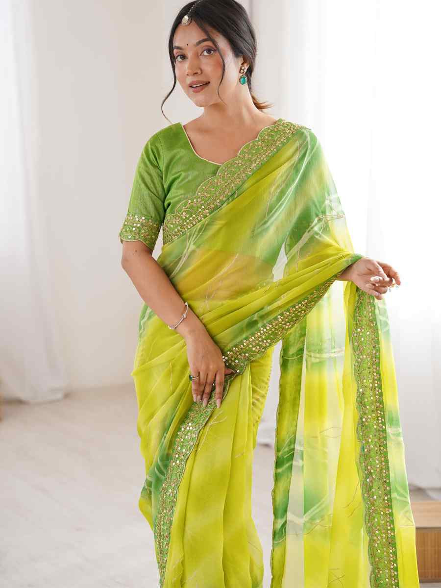 Mahendi Georgette Chiffon Printed Sequins Embroidery Reception Festival Wedding Party Fancy Heavy Border Sarees