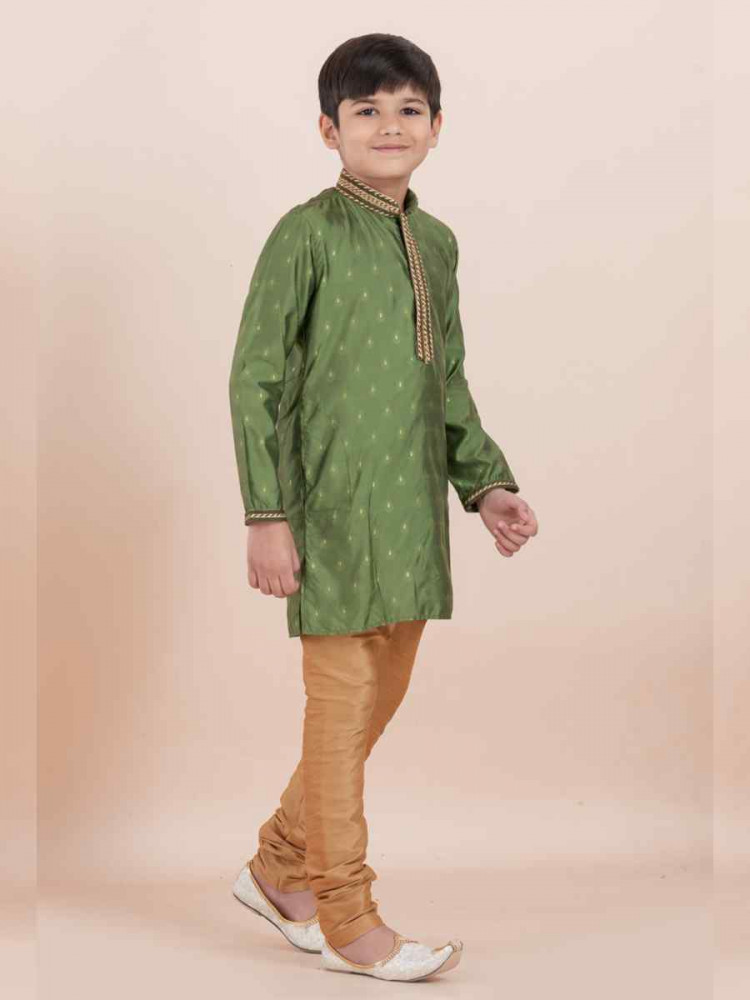 Mahendi Green Cotton Self Jacquard Embroidered Festival Traditional Kurta Pyjama Boys Wear