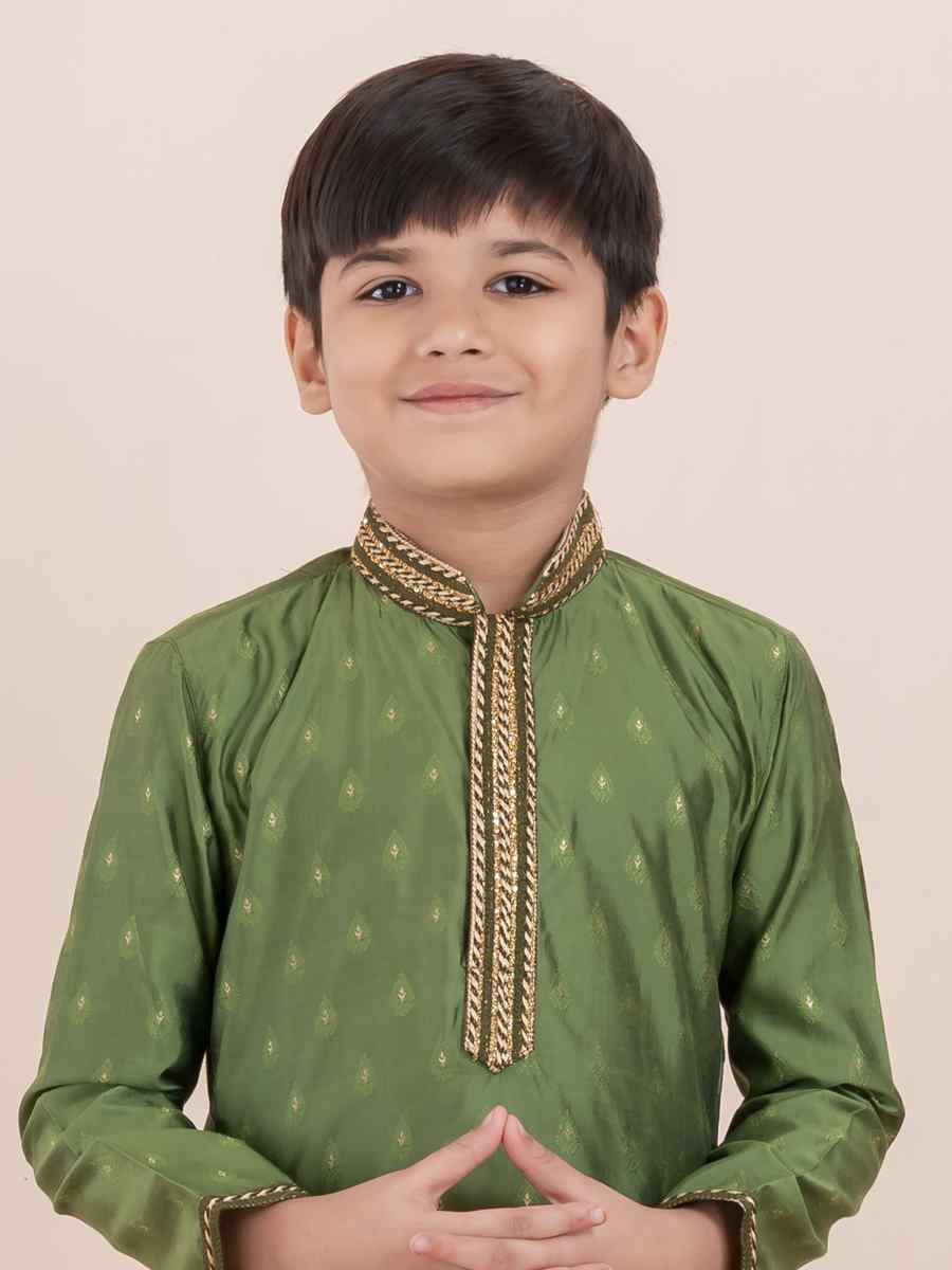 Mahendi Green Cotton Self Jacquard Embroidered Festival Traditional Kurta Pyjama Boys Wear