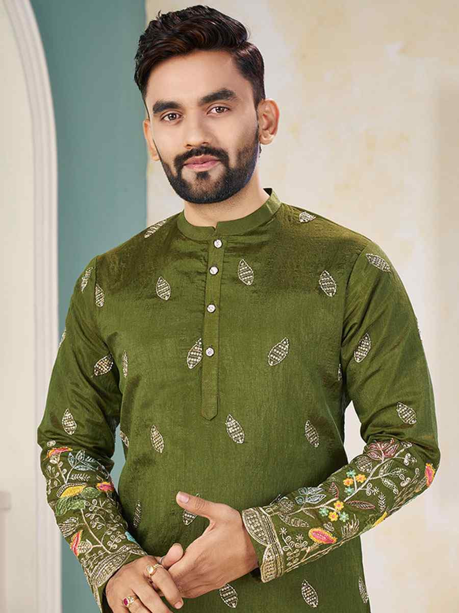 Mahendi Green Crunchy Silk Embroidery Festival Wedding Party Kurta