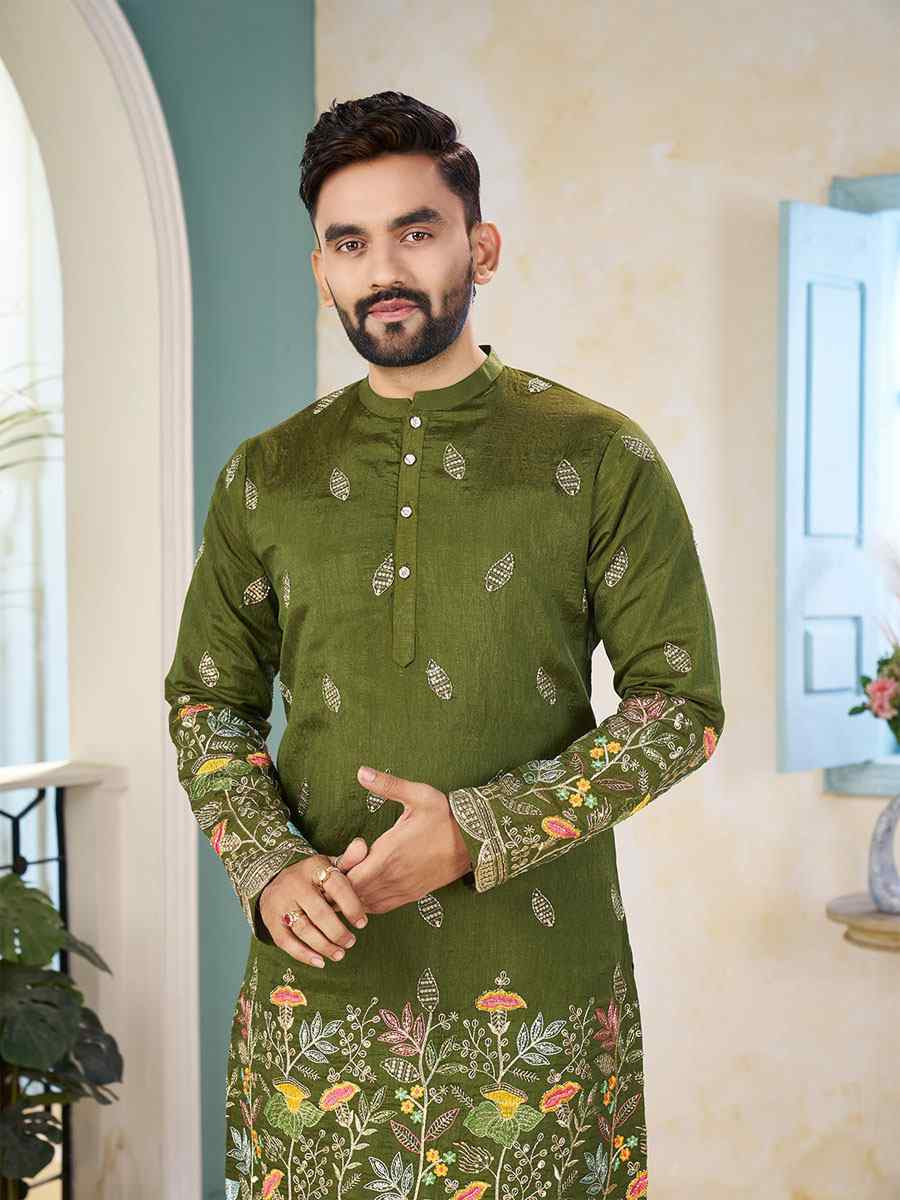 Mahendi Green Crunchy Silk Embroidery Festival Wedding Party Kurta