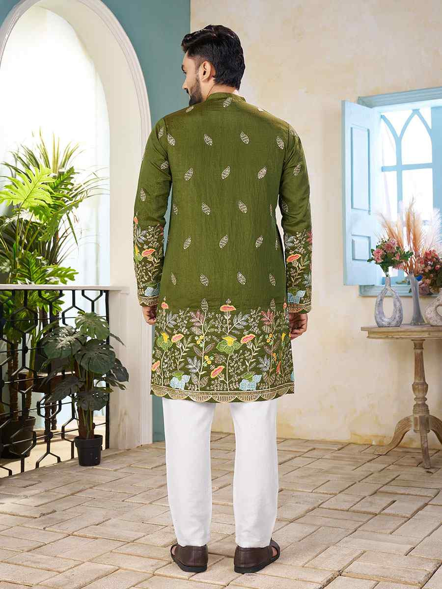 Mahendi Green Crunchy Silk Embroidery Festival Wedding Party Kurta