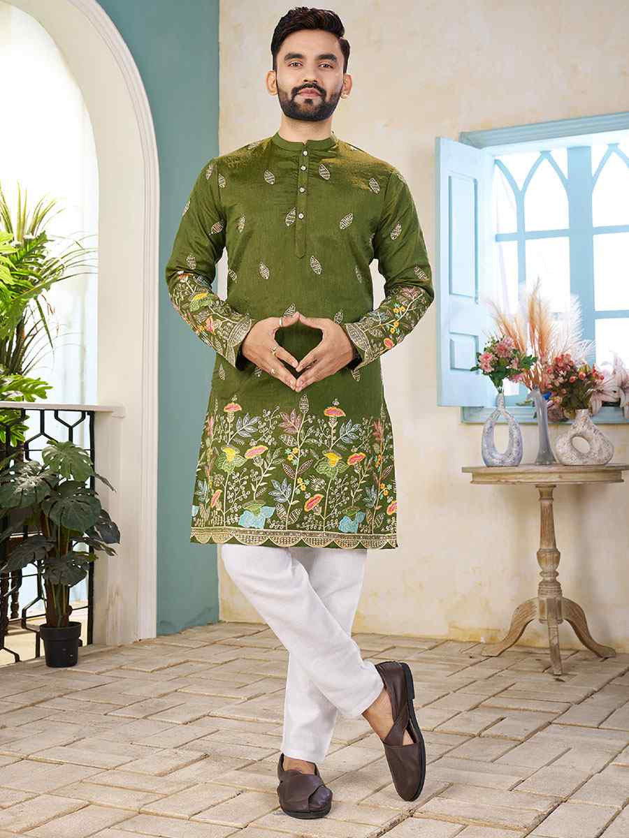 Mahendi Green Crunchy Silk Embroidery Festival Wedding Party Kurta
