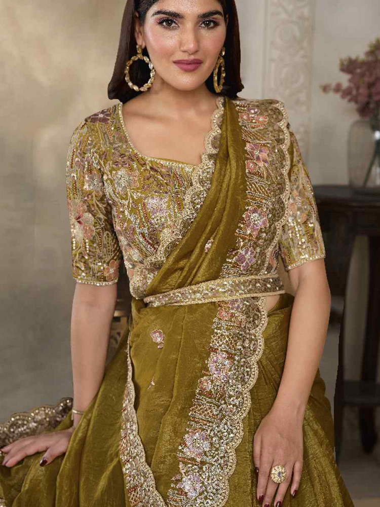 Image of Mahendi Green Crush Paper Silk Embroidery Traditional Bridal Reception Festival Wedding Fancy Heavy Border Saree