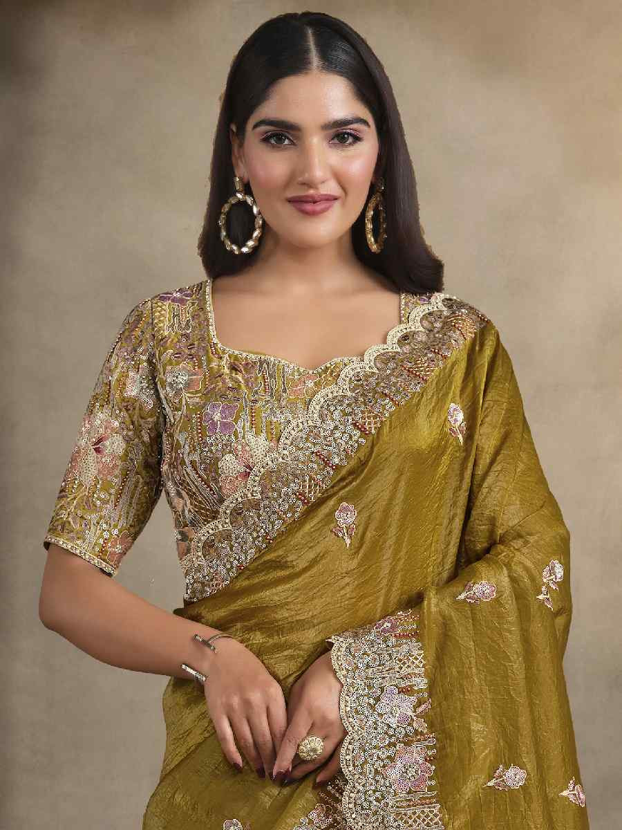 Mahendi Green Crush Paper Silk Embroidery Traditional Bridal Reception Festival Wedding Fancy Heavy Border Saree