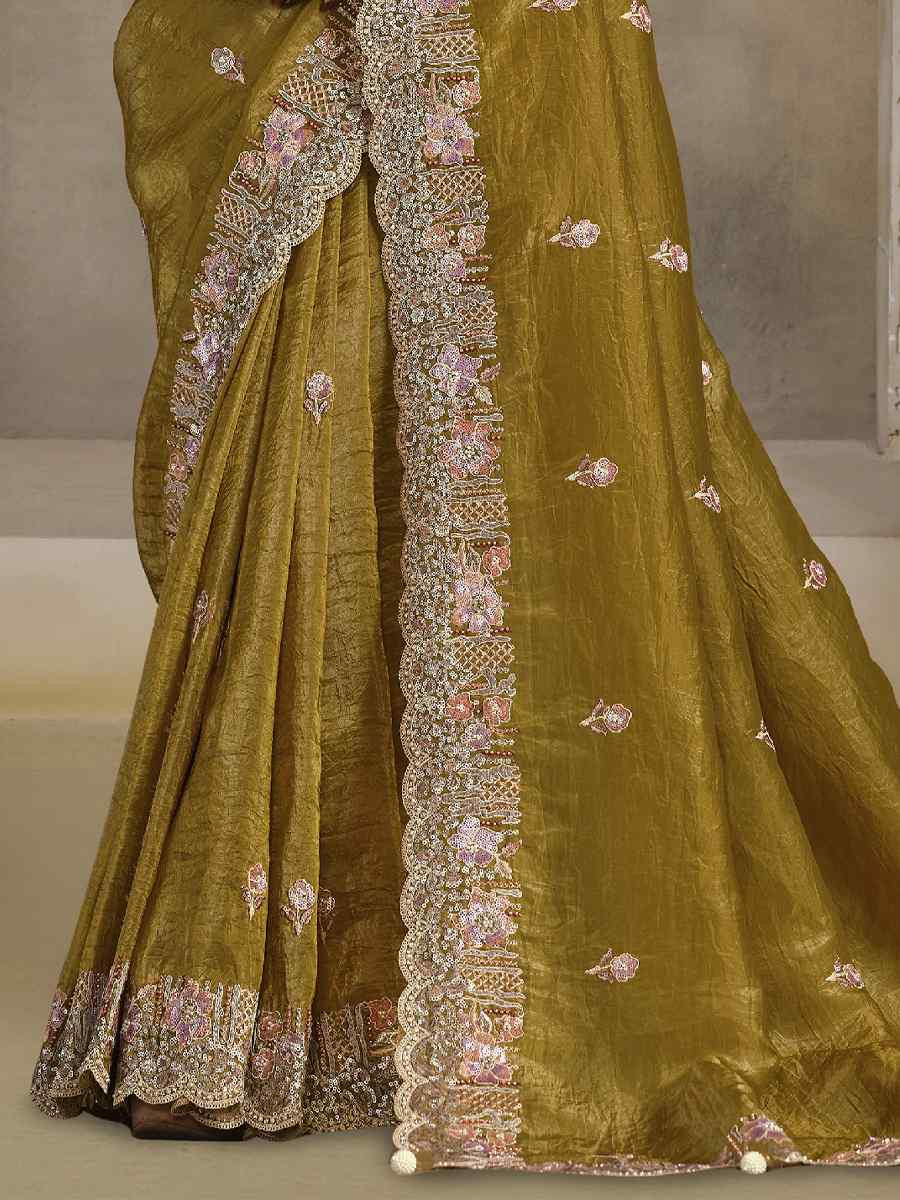 Mahendi Green Crush Paper Silk Embroidery Traditional Bridal Reception Festival Wedding Fancy Heavy Border Saree