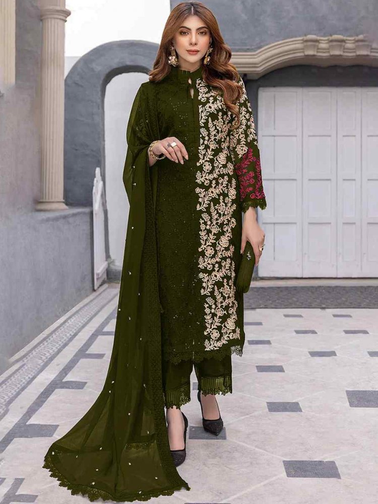 Mahendi Green Faux Georgette Embroidered Festival Casual Pant Salwar Kameez