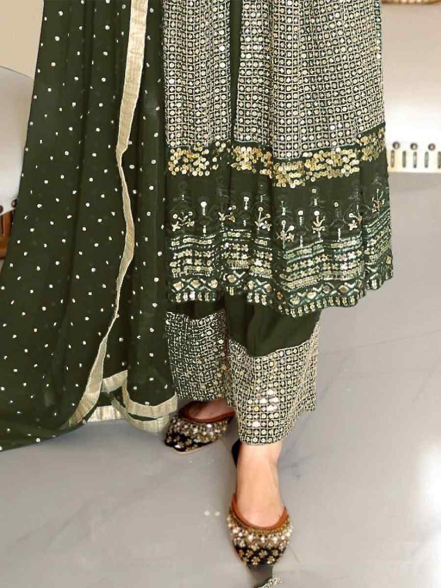 Mahendi Green Faux Georgette Embroidered Festival Wedding Palazzo Pant Salwar Kameez
