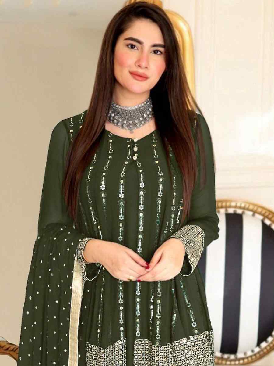 Mahendi Green Faux Georgette Embroidered Festival Wedding Palazzo Pant Salwar Kameez