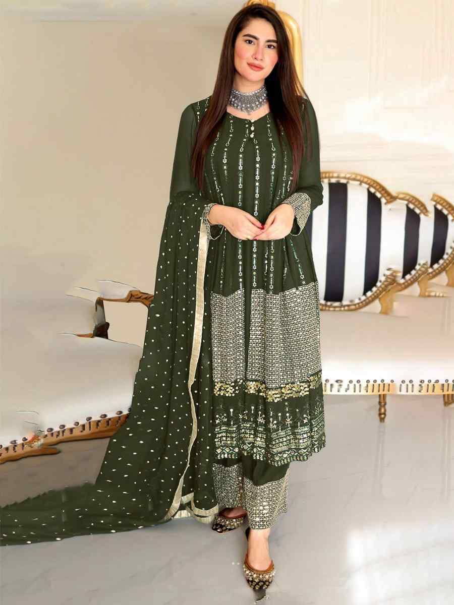 Mahendi Green Faux Georgette Embroidered Festival Wedding Palazzo Pant Salwar Kameez