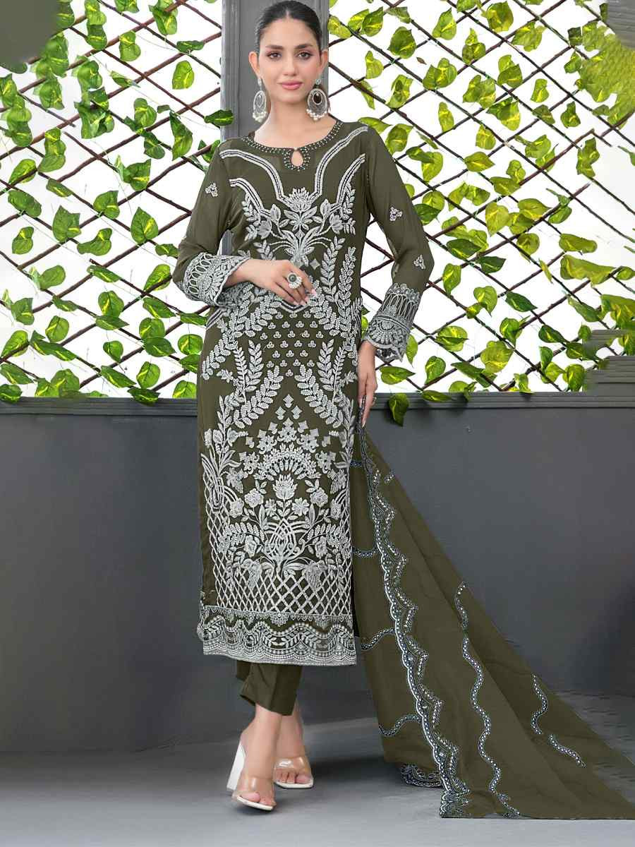 Mahendi Green Faux Georgette Embroidered Festival Wedding Pant Salwar Kameez