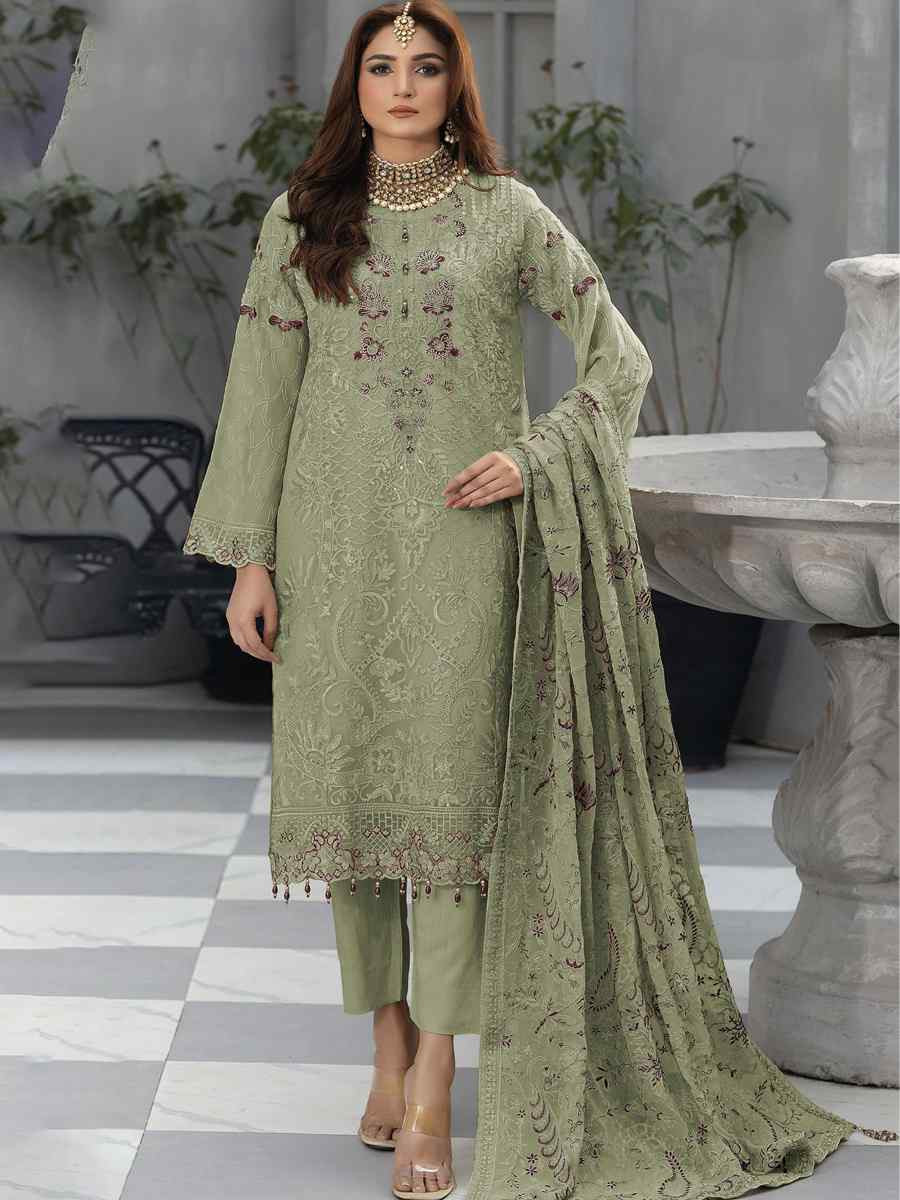 Mahendi Green Faux Georgette Embroidered Festival Wedding Pant Salwar Kameez