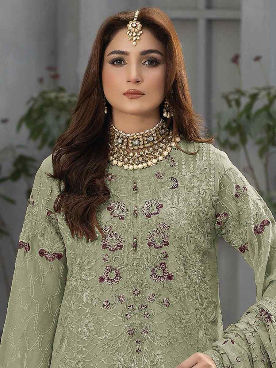 Mahendi Green Faux Georgette Embroidered Festival Wedding Pant Salwar Kameez