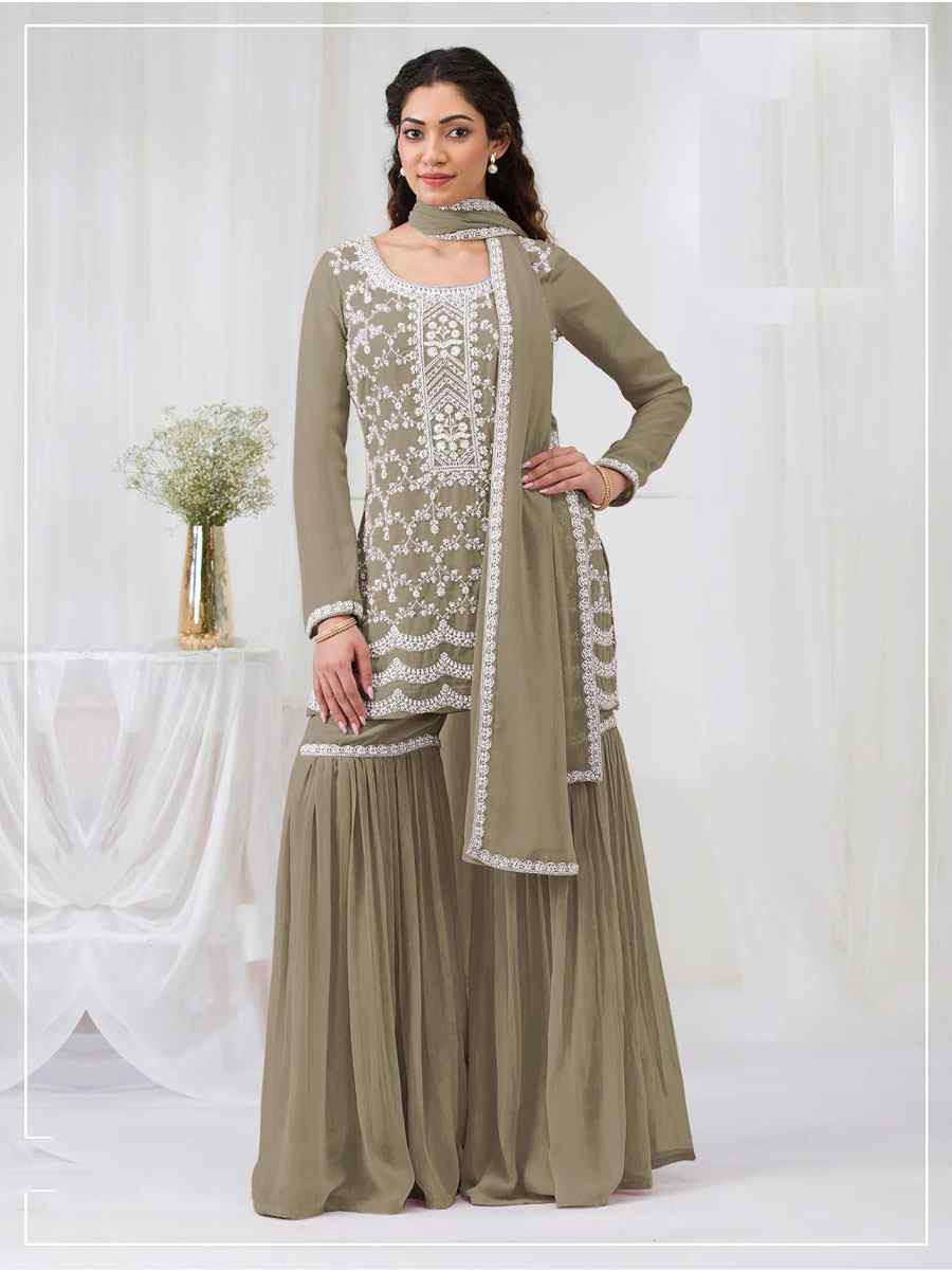 Mahendi Green Faux Georgette Embroidered Festival Wedding Sharara Pant Salwar Kameez