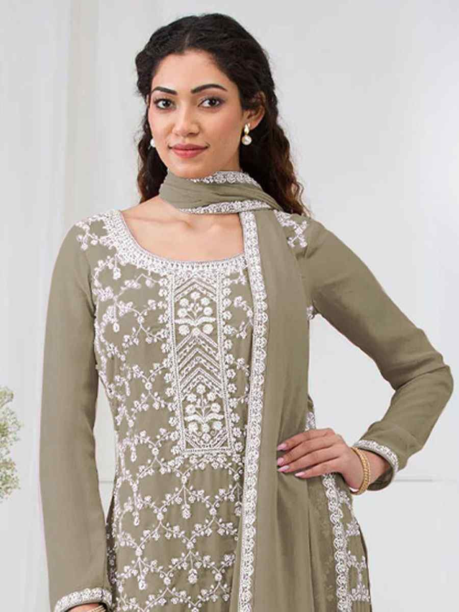 Mahendi Green Faux Georgette Embroidered Festival Wedding Sharara Pant Salwar Kameez