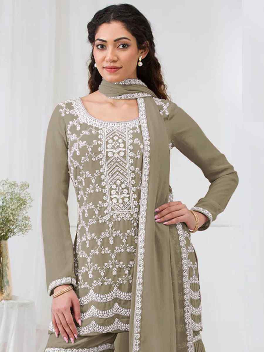 Mahendi Green Faux Georgette Embroidered Festival Wedding Sharara Pant Salwar Kameez