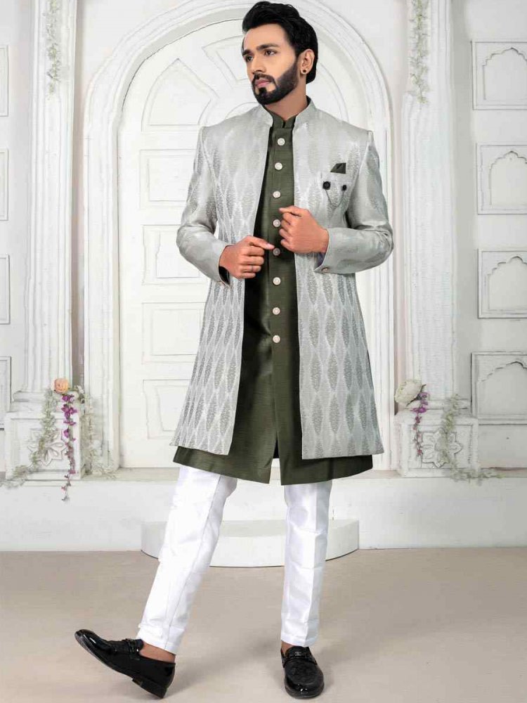 Mahendi Green Jacquard Embroidered Wedding Groom Sherwani