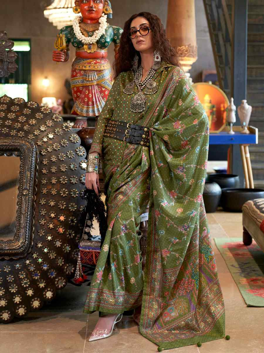 Mahendi Green Silk Printed Festival Casual Wedding Cocktail Party Fancy Classic Heavy Border Saree