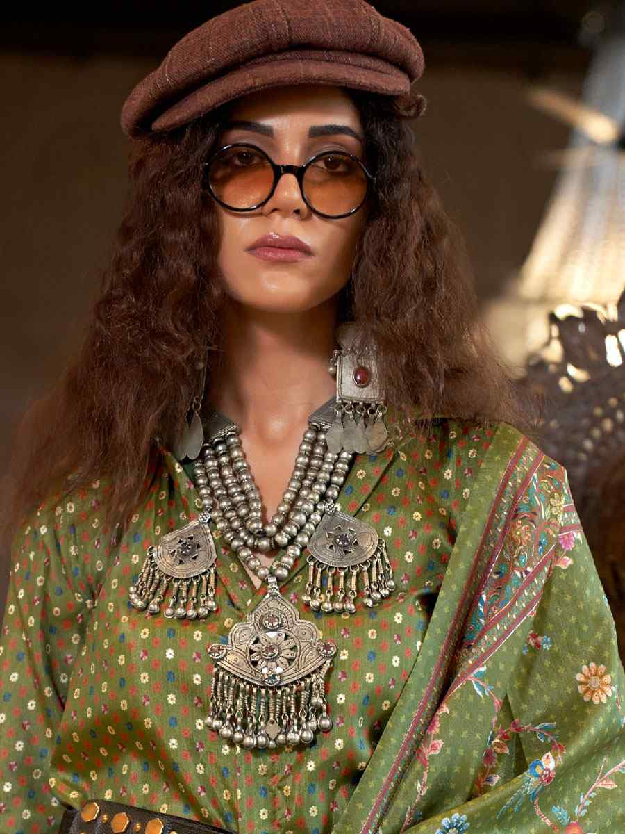 Mahendi Green Silk Printed Festival Casual Wedding Cocktail Party Fancy Classic Heavy Border Saree