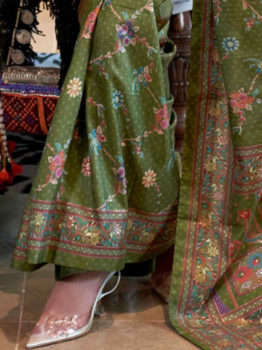 Mahendi Green Silk Printed Festival Casual Wedding Cocktail Party Fancy Classic Heavy Border Saree