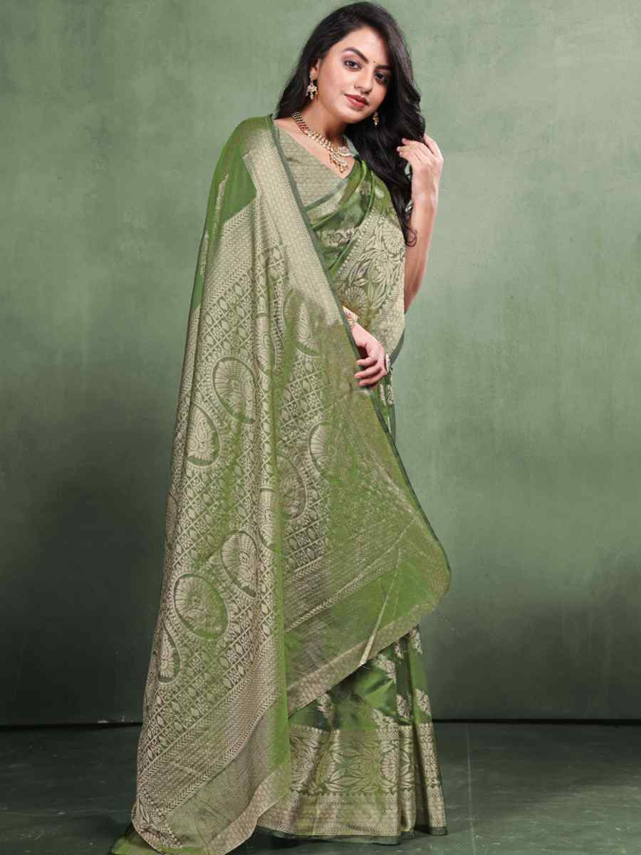 Mahendi Organza Silk  Handwoven Zari Bridal Reception Festival Wedding Fancy Heavy Border Saree