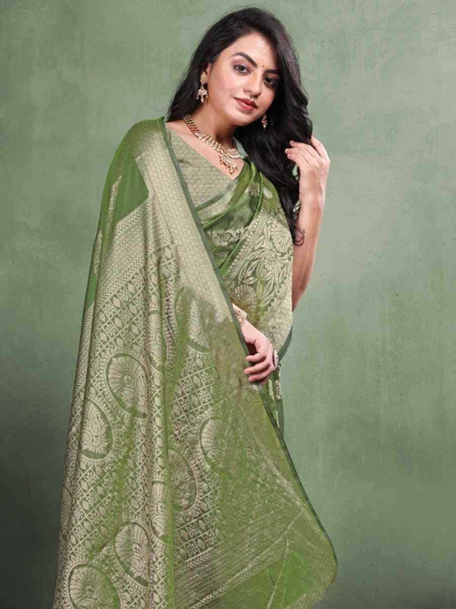 Mahendi Organza Silk Handwoven Zari Bridal Reception Festival Wedding Fancy Heavy Border Saree