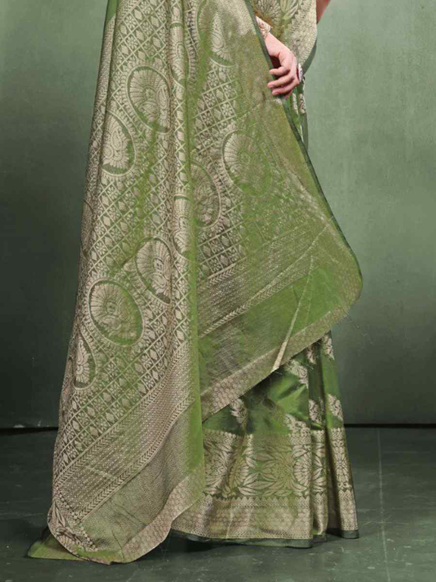 Mahendi Organza Silk  Handwoven Zari Bridal Reception Festival Wedding Fancy Heavy Border Saree