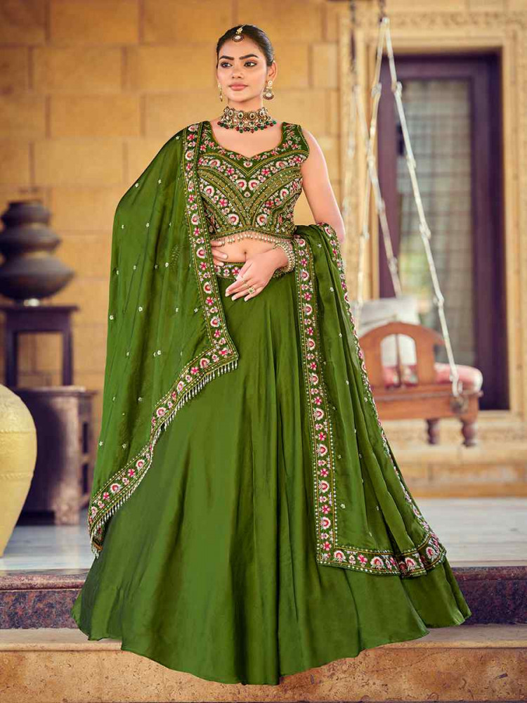 Image of Mahendi Rangoli Silk  Embroidered Wedding Reception Festival Heavy Border Lehenga Choli