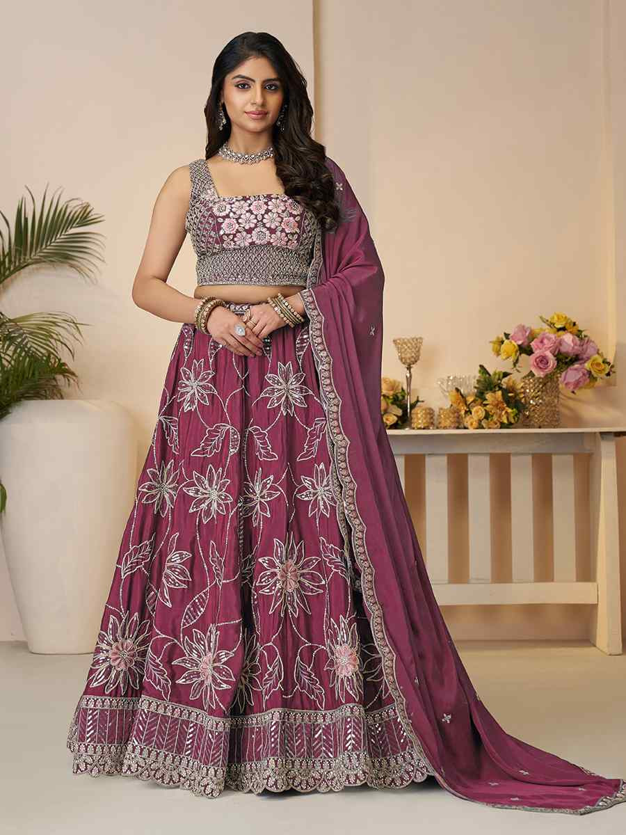 Mahroon Satin silk Embroidered Wedding Bridesmaid Heavy Border Lehenga Choli