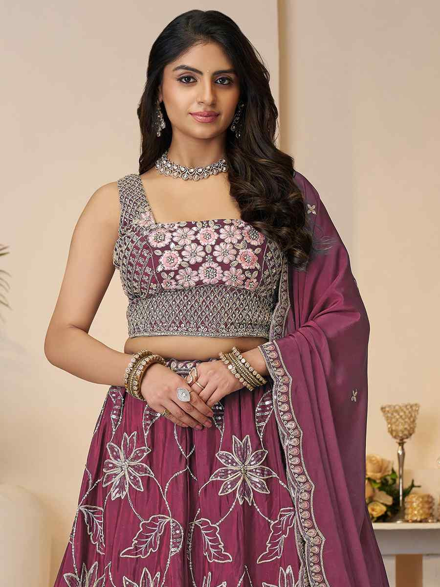 Mahroon Satin silk Embroidered Wedding Bridesmaid Heavy Border Lehenga Choli