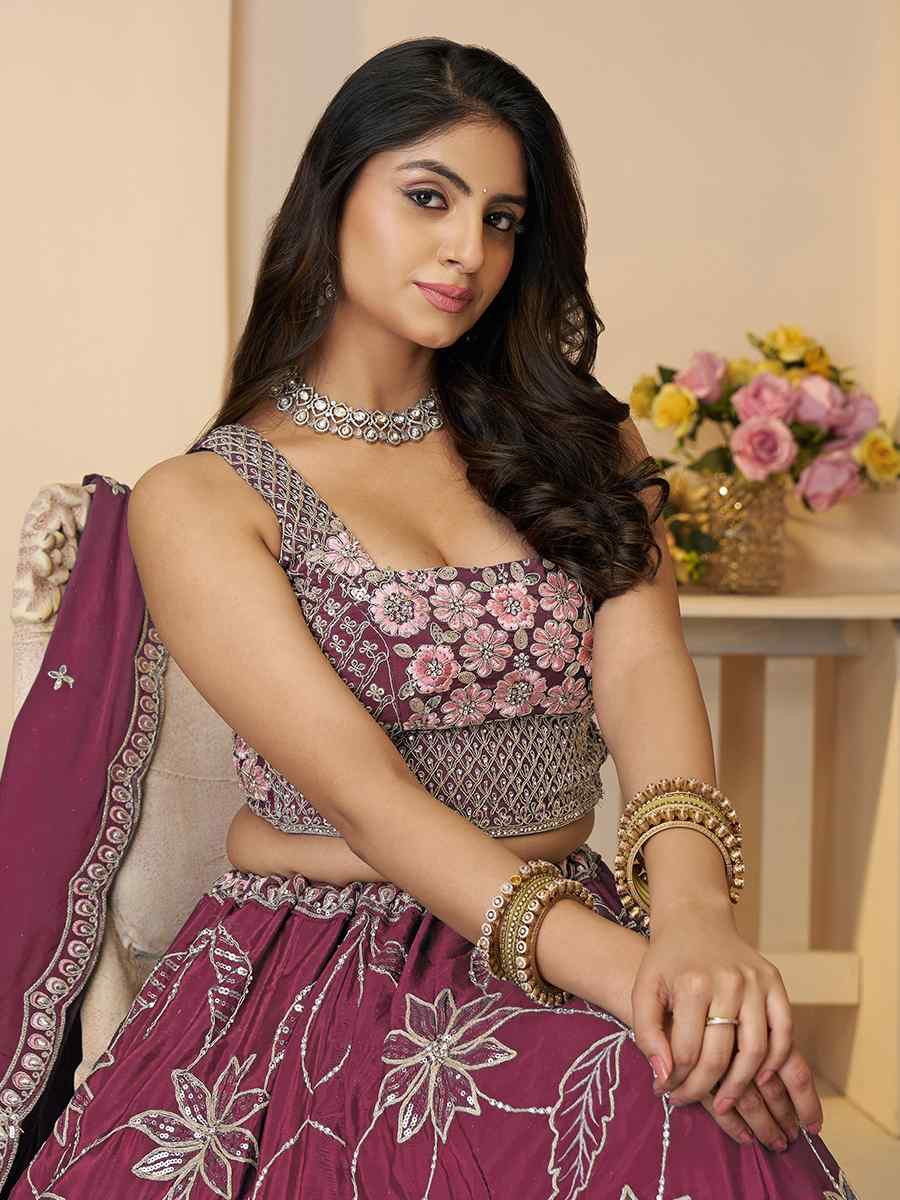 Mahroon Satin silk Embroidered Wedding Bridesmaid Heavy Border Lehenga Choli