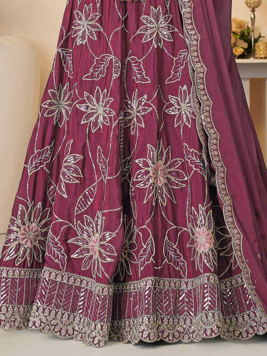 Mahroon Satin silk Embroidered Wedding Bridesmaid Heavy Border Lehenga Choli
