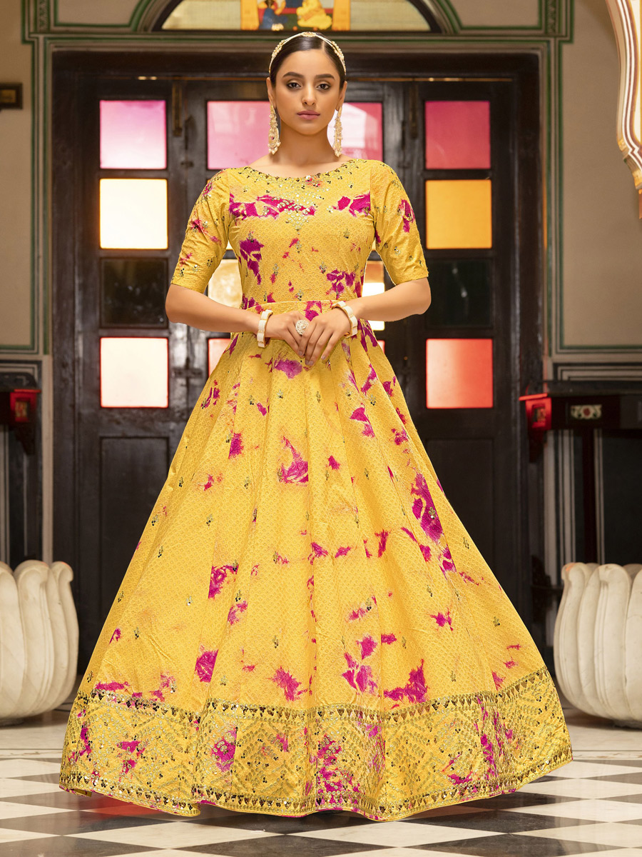 Maize Yellow Cotton Embroidered Party Gown