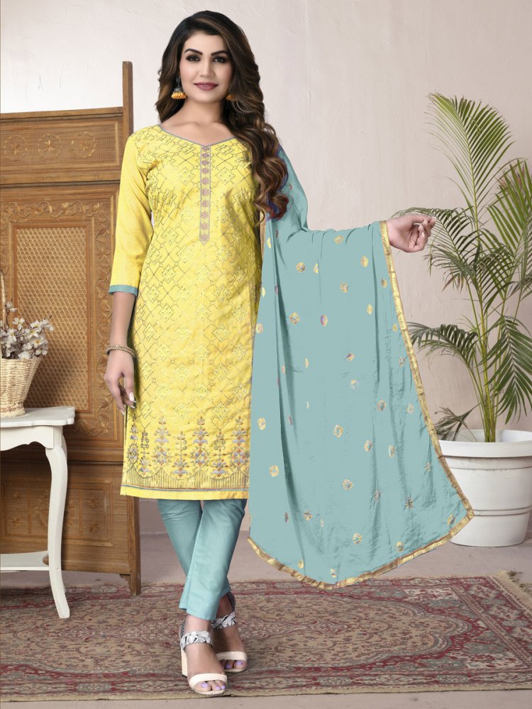 Maize Yellow Cotton Embroidered Party Pant Kameez
