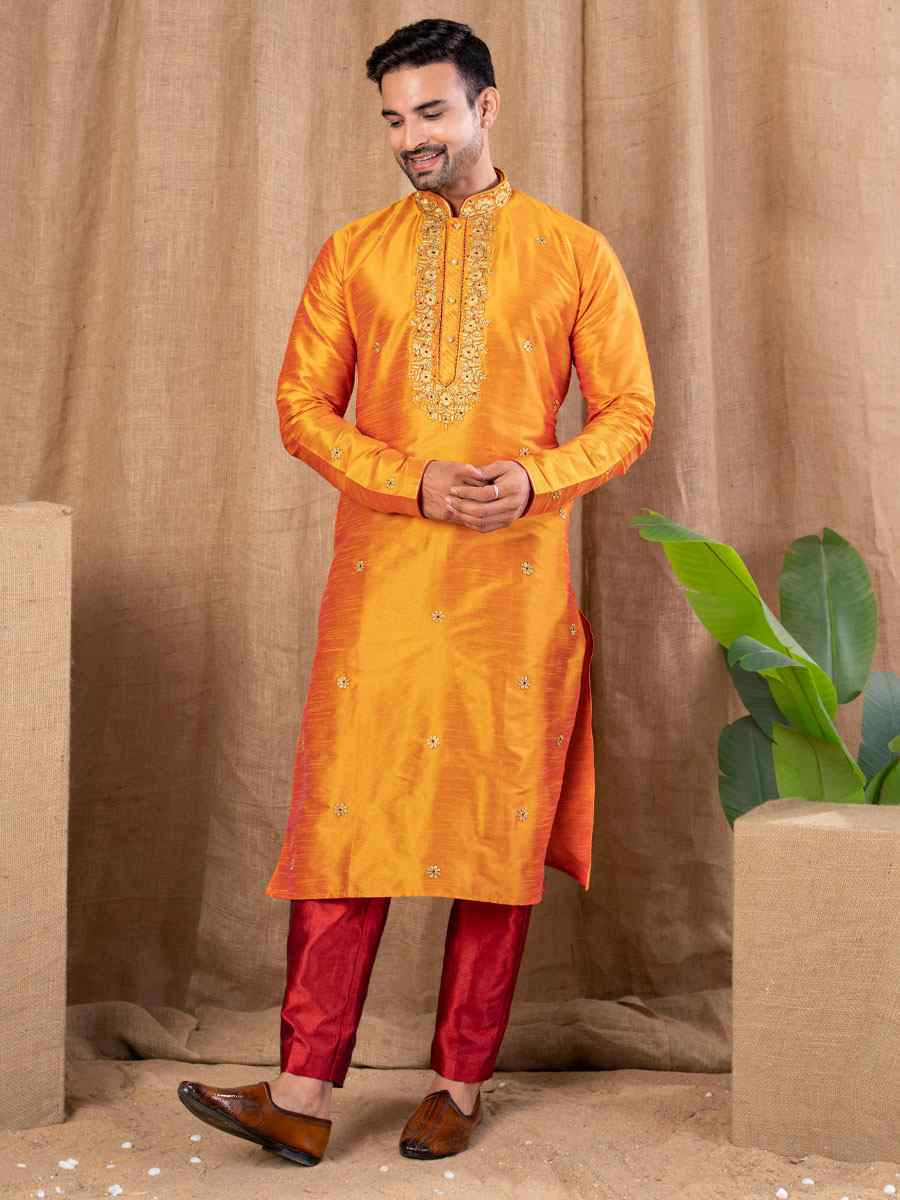 Mango Art Silk Embroidery Festival Wedding Party Mens Kurta