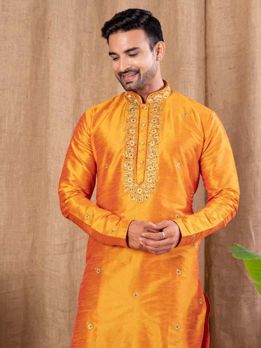 Mango Art Silk Embroidery Festival Wedding Party Mens Kurta