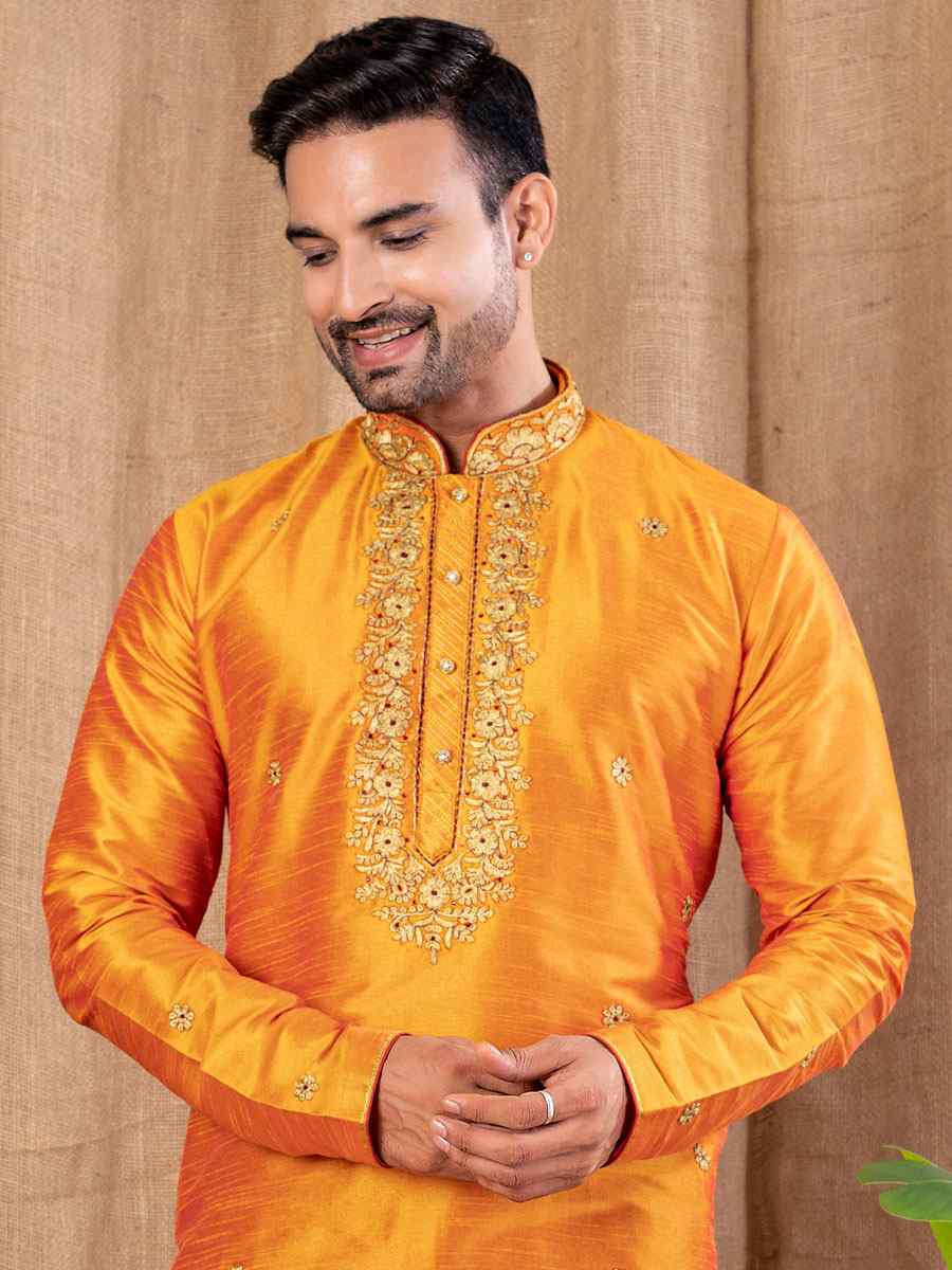 Mango Art Silk Embroidery Festival Wedding Party Mens Kurta
