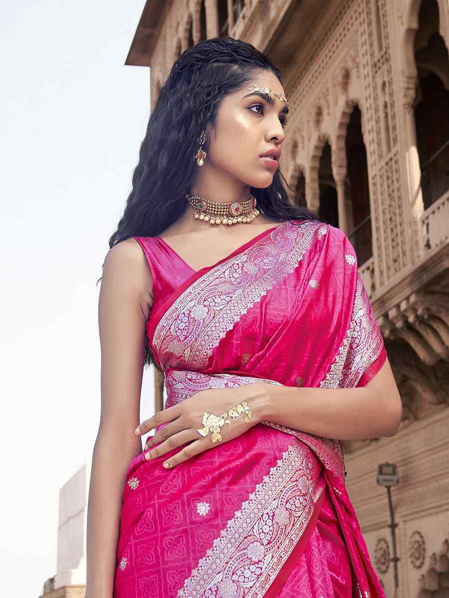 Pink Pure Satin Banarasi Silk Handwoven Wedding Festival Heavy Border Saree