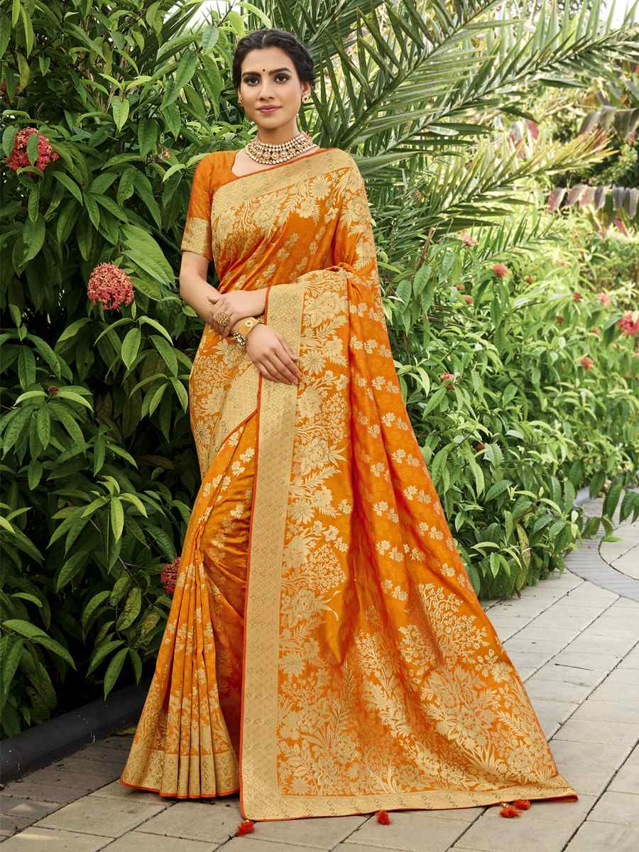 Mango Pure Satin Banarasi Silk Handwoven Wedding Festival Heavy Border Saree