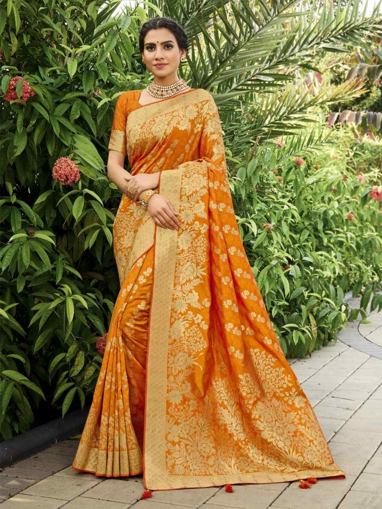 Mango Pure Satin Banarasi Silk Handwoven Wedding Festival Heavy Border Saree