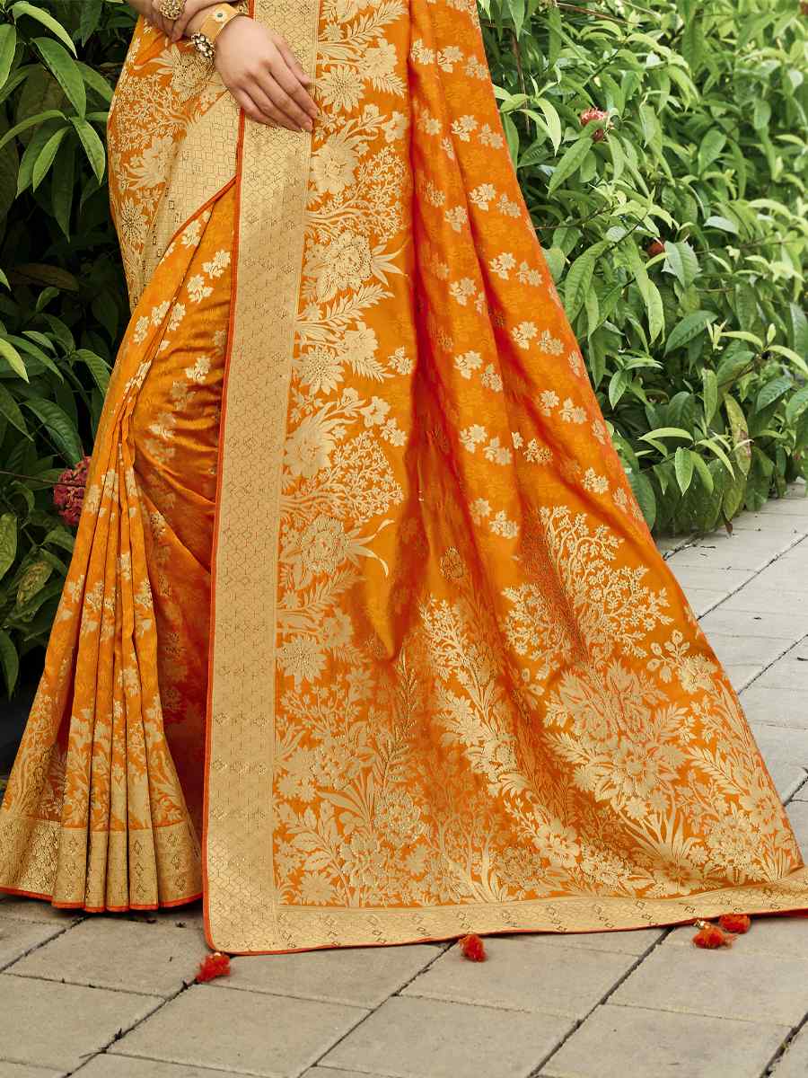 Mango Pure Satin Banarasi Silk Handwoven Wedding Festival Heavy Border Saree
