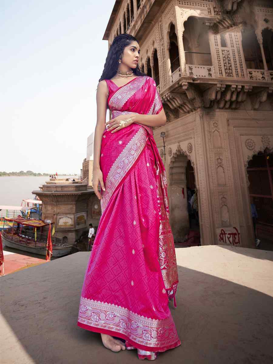 Pink Pure Satin Banarasi Silk Handwoven Wedding Festival Heavy Border Saree