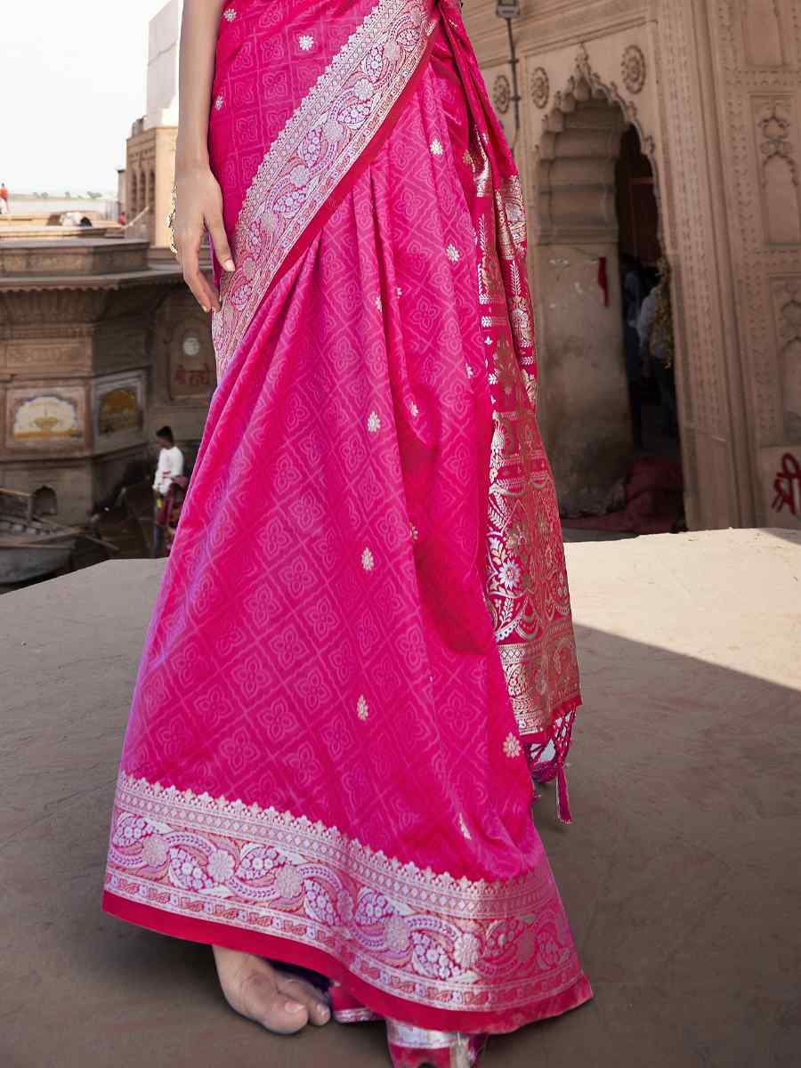 Pink Pure Satin Banarasi Silk Handwoven Wedding Festival Heavy Border Saree