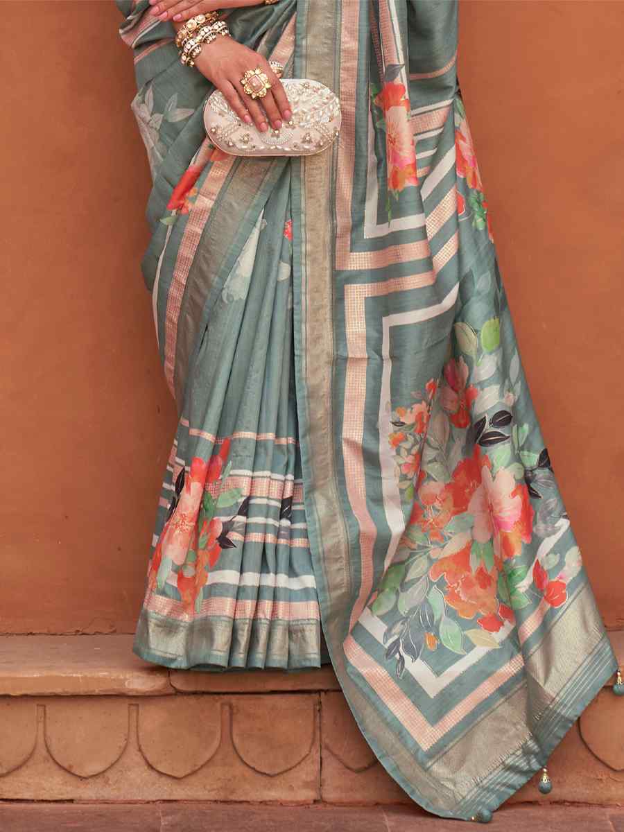 Mantle Green Silk Printed Casual Festival Classic Style Saree