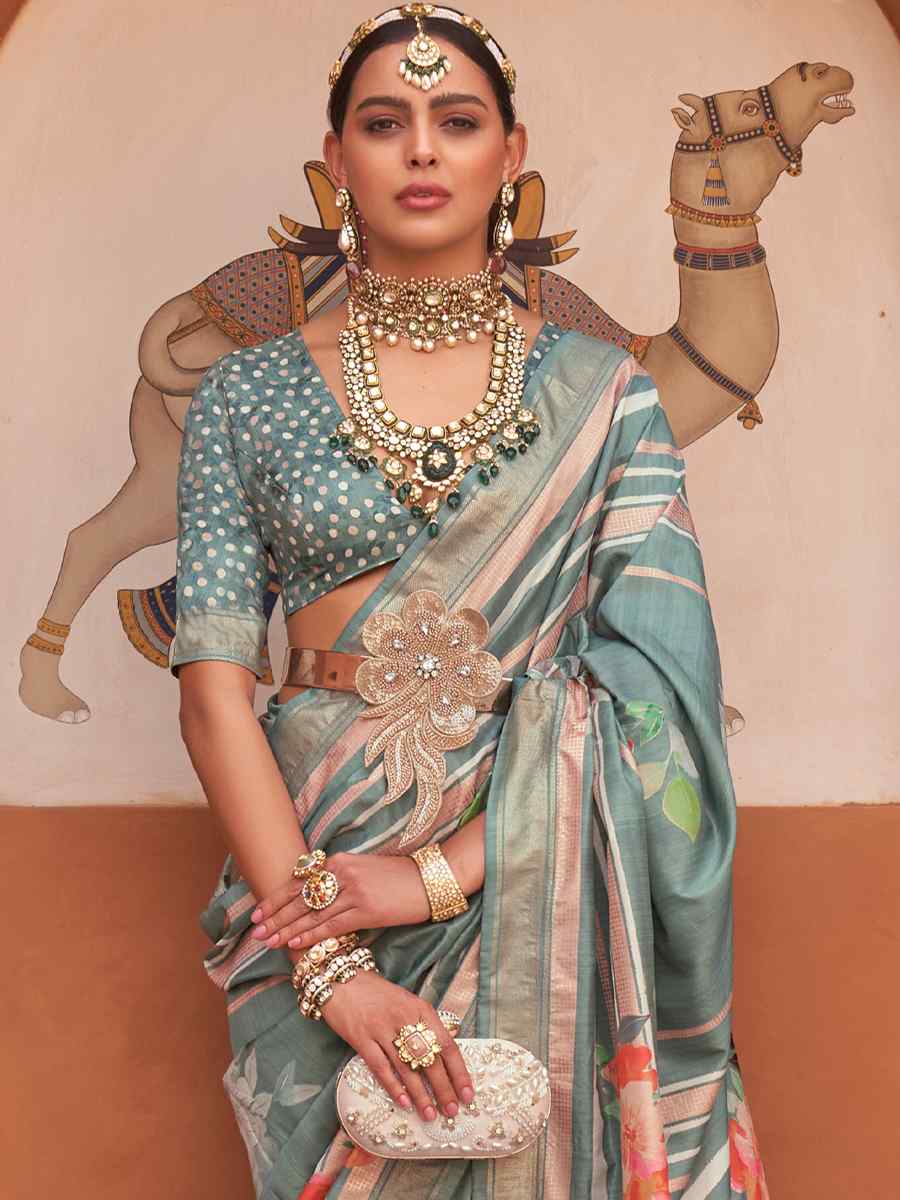 Mantle Green Silk Printed Casual Festival Classic Style Saree